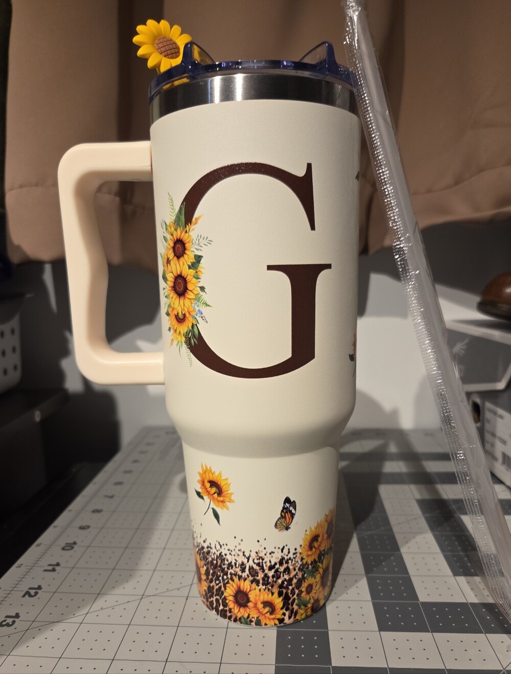 40 Oz Personalized Sunflower Initial Travel Tumbler With Straw Topper - Cream G